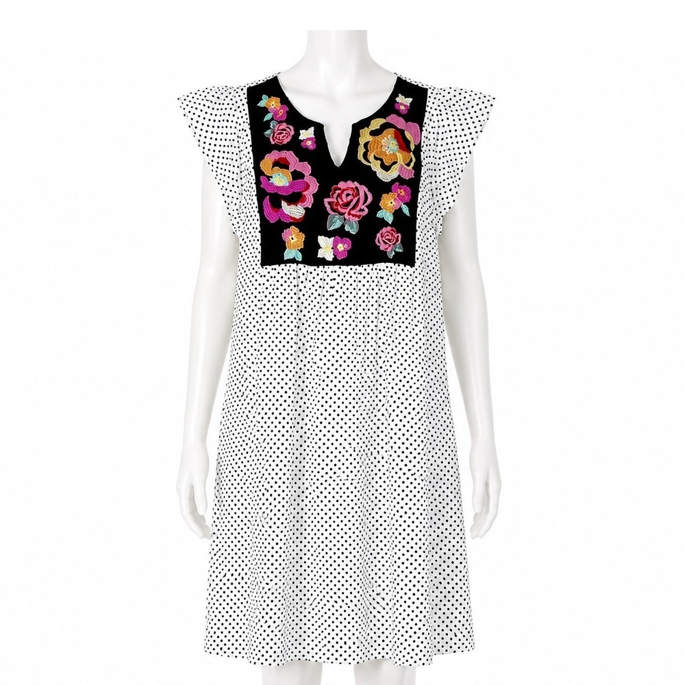 Savanna Jane Embroidered Shift Dress Women's Large Polka Dot Floral Boho Cowgirl